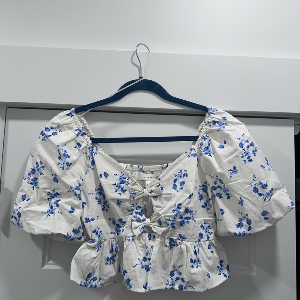 Blue and White Puff Sleeve Ruched Blouse